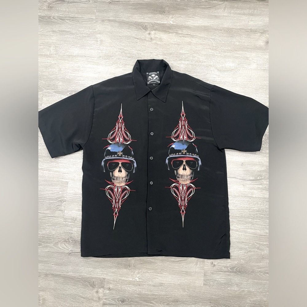 Vintage Rockhouse Roadhouse Lost Angeles Skull Helmet Biker Shirt size Large